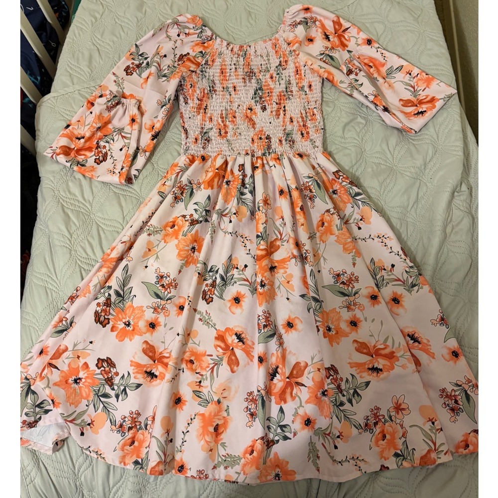 Women's Floral Smocked Midi Dress Small Puff Sleeve Cottagecore Boho Pink Orange